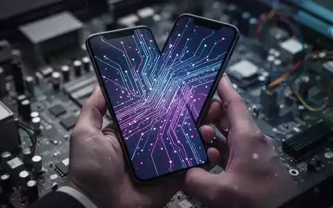 Eine Hand hält ein modernes Smartphone mit bunter, abstrakter Benutzeroberfläche, Technikkomponenten im Hintergrund unscharf. - Foto: über boerse-global.de