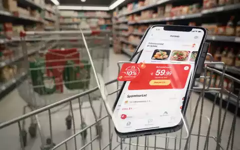 Ein Smartphone mit einer Supermarkt-App, die Rabatte anzeigt, im Vordergrund; im Hintergrund verschwommen Supermarktregale. - Foto: über boerse-global.de