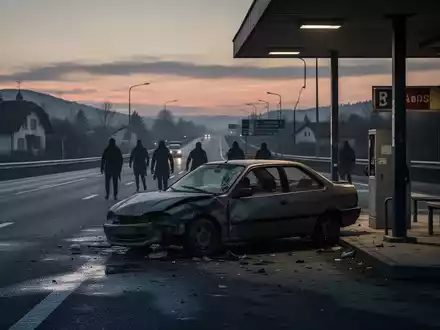 Ein Auto steht mit geöffneter Motorhaube auf einem verlassenen Rastplatz, im Hintergrund nähern sich zwei Schattenfiguren. - Foto: über boerse-global.de