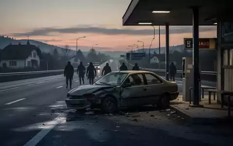 Ein Auto steht mit geöffneter Motorhaube auf einem verlassenen Rastplatz, im Hintergrund nähern sich zwei Schattenfiguren. - Foto: über boerse-global.de