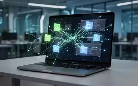 Ein schlankes MacBook Pro zeigt abstrakte, leuchtende Linien, die KI-Agenten bei der Interaktion mit Desktop-Dateien und Apps darstellen. - Foto: über boerse-global.de