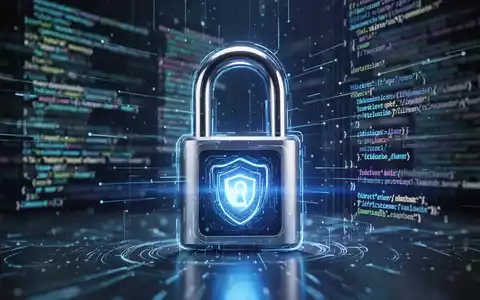 Glühendes blaues Vorhängeschloss vor abstrakten Datenströmen und Codezeilen, symbolisiert Cybersicherheit. - Foto: über boerse-global.de