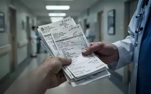 Nahaufnahme einer Hand, die einen Stapel medizinischer Rechnungen oder Rezepte hält, im Hintergrund ein verschwommener Krankenhausflur. - Foto: über boerse-global.de