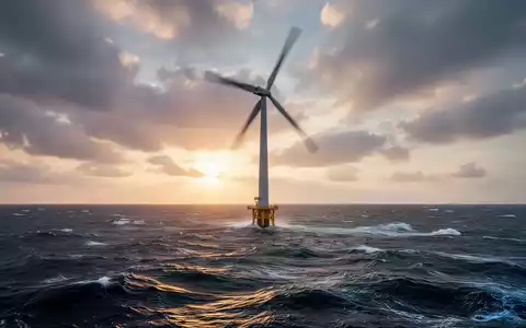 Eine einzelne, moderne Offshore-Windkraftanlage im Meer bei Sonnenaufgang, ihre Rotorblätter verschwimmen vor dramatischem Himmel. - Foto: über boerse-global.de