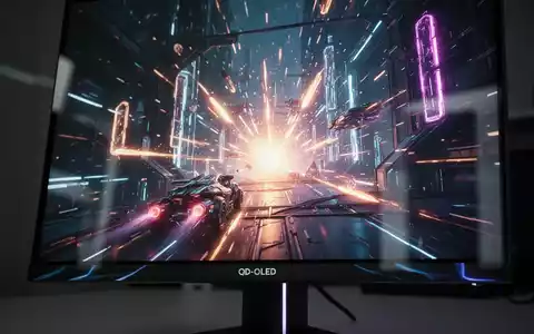 Nahaufnahme eines leistungsstarken QD-OLED-Gaming-Monitors mit lebendigen, futuristischen Spielgrafiken. - Foto: über boerse-global.de