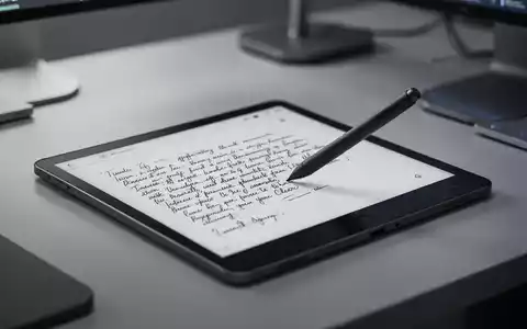 Nahaufnahme eines modernen E-Ink-Tablets mit Stift auf dem Bildschirm, das digitale handschriftliche Notizen auf einem minimalistischen Schreibtisch zeigt. - Foto: über boerse-global.de