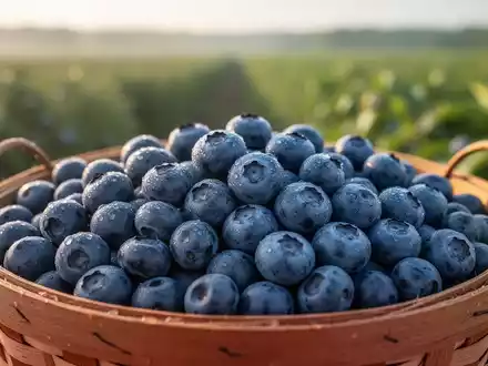 Ein Korb voller frischer, reifer Heidelbeeren, die im Vordergrund glänzen, mit einem unscharfen grünen Feld im Hintergrund. - Foto: über boerse-global.de