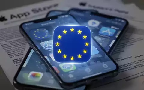 Leuchtendes EU-Flaggen-Symbol über einer App-Store-Oberfläche mit verschwommenen Rechtsdokumenten, symbolisiert Apples EU-Gatekeeper-Kampf. - Foto: über boerse-global.de
