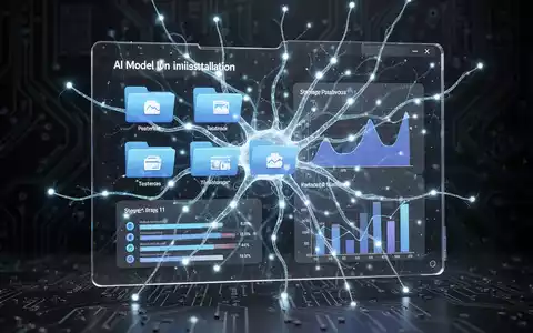 Stilisierte neuronale Netzstruktur auf transparentem Bildschirm mit Ordnern und Speichergrafiken, symbolisiert KI-Modell-Deinstallation in Windows 11. - Foto: über boerse-global.de