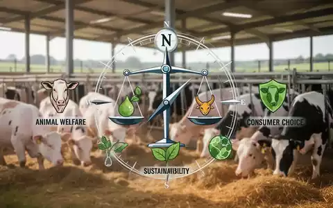Ein stilisiertes Bild, das einen Kompass oder eine Waage darstellt, mit Symbolen für Tierwohl, Nachhaltigkeit und Konsum. Im Hintergrund eine moderne, ethische Farm. - Foto: über boerse-global.de