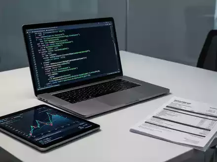 Ein Schreibtisch mit Laptop, der XML-Code zeigt, einem Tablet mit Finanzgrafik und einer physischen Rechnung, symbolisiert digitale Transformation. - Foto: über boerse-global.de