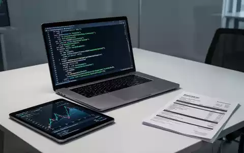 Ein Schreibtisch mit Laptop, der XML-Code zeigt, einem Tablet mit Finanzgrafik und einer physischen Rechnung, symbolisiert digitale Transformation. - Foto: über boerse-global.de