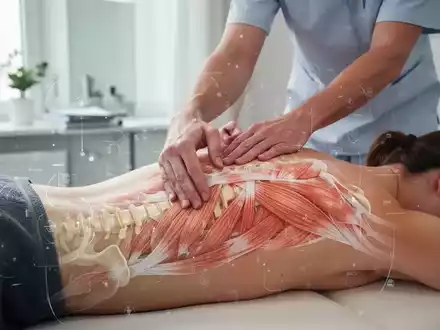 Hände eines Physiotherapeuten führen eine osteopathische Behandlung am Rücken eines Patienten durch, mit digitalen Überlagerungen von Sehnen. - Foto: über boerse-global.de