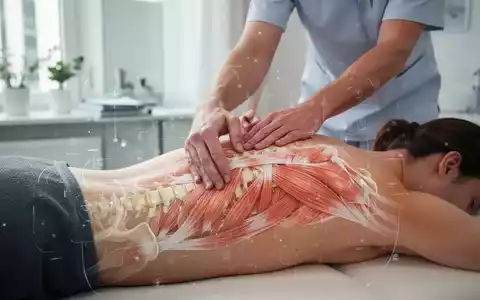 Hände eines Physiotherapeuten führen eine osteopathische Behandlung am Rücken eines Patienten durch, mit digitalen Überlagerungen von Sehnen. - Foto: über boerse-global.de