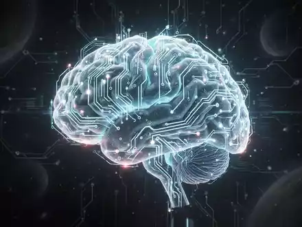 Leuchtendes, futuristisches neuronales Netz-Gehirn mit integrierten Schaltkreisen, symbolisiert fortschrittliche KI, vor dezentem Weltraumhintergrund. - Foto: über boerse-global.de