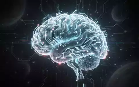 Leuchtendes, futuristisches neuronales Netz-Gehirn mit integrierten Schaltkreisen, symbolisiert fortschrittliche KI, vor dezentem Weltraumhintergrund. - Foto: über boerse-global.de