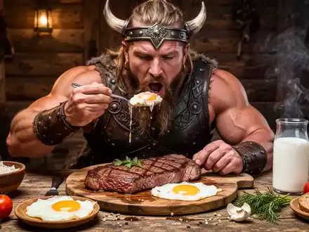 Ein muskulöser Mann mit Wikinger-Ähnlichkeit isst eine große Mahlzeit mit Steak, Eiern und Rohmilch in einer rustikalen Umgebung. - Foto: über boerse-global.de