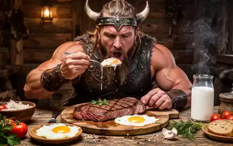 Ein muskulöser Mann mit Wikinger-Ähnlichkeit isst eine große Mahlzeit mit Steak, Eiern und Rohmilch in einer rustikalen Umgebung. - Foto: über boerse-global.de