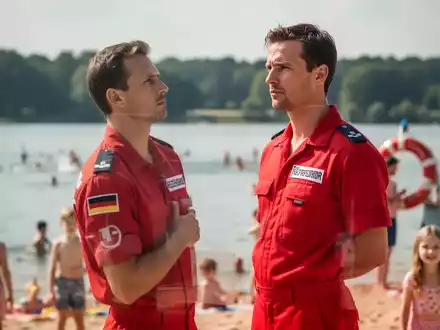 Ein Rettungsschwimmer in roter Uniform steht an einem belebten See oder Strand und blickt wachsam über das Wasser. - Foto: über boerse-global.de