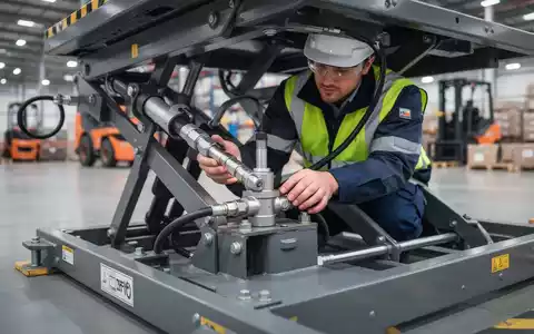 Ein qualifizierter Techniker in Schutzkleidung prüft sorgfältig das Hydrauliksystem eines industriellen Hubtisches in einem Lager. - Foto: über boerse-global.de