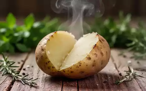 Nahaufnahme einer halbierten, gedämpften Kartoffel mit aufsteigendem Dampf, im Hintergrund frische Kräuter und ein Holztisch. - Foto: über boerse-global.de