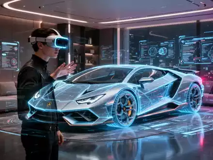 Person trägt Apple Vision Pro und interagiert mit holografischem Lamborghini Revuelto in modernem Wohnzimmer. - Foto: über boerse-global.de
