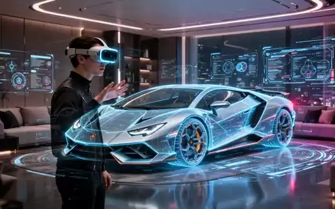 Person trägt Apple Vision Pro und interagiert mit holografischem Lamborghini Revuelto in modernem Wohnzimmer. - Foto: über boerse-global.de