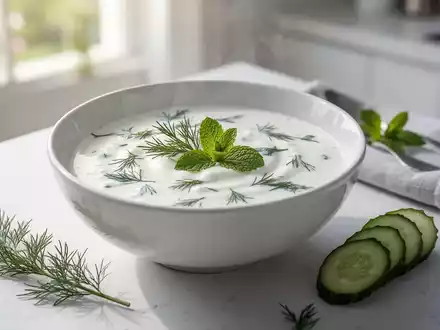 Eine appetitliche Schale kalter Joghurtsuppe, garniert mit frischen Kräutern und Gurkenscheiben, auf einem hellen Tisch. - Foto: über boerse-global.de