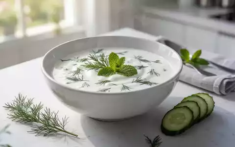Eine appetitliche Schale kalter Joghurtsuppe, garniert mit frischen Kräutern und Gurkenscheiben, auf einem hellen Tisch. - Foto: über boerse-global.de