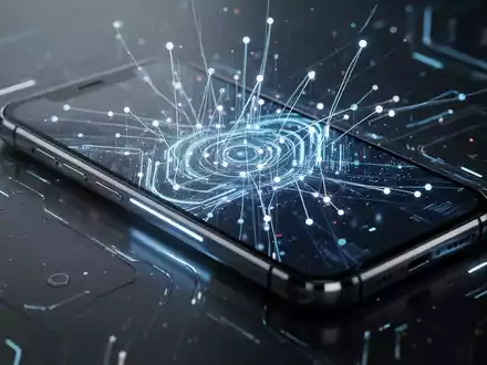 Smartphone mit futuristischem, leuchtendem digitalem Interface aus abstrakten Linien und Knoten, das ein benutzerdefiniertes Betriebssystem darstellt. - Foto: über boerse-global.de