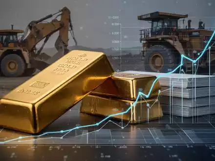 Ein glänzender Goldbarren neben Finanzdiagrammen, die einen Aufwärtstrend zeigen, mit Andeutungen von Bergbauausrüstung im Hintergrund. - Foto: über boerse-global.de