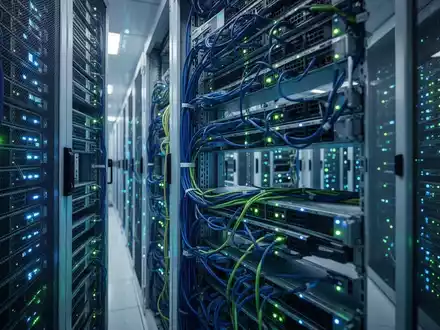 Ein modernes Rechenzentrum mit Reihen von Server-Racks, die blau und grün leuchten und eine hochtechnologische Umgebung darstellen. - Foto: über boerse-global.de