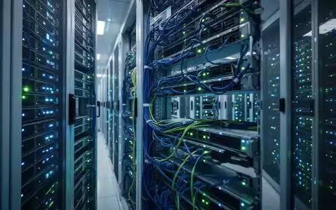 Ein modernes Rechenzentrum mit Reihen von Server-Racks, die blau und grün leuchten und eine hochtechnologische Umgebung darstellen. - Foto: über boerse-global.de