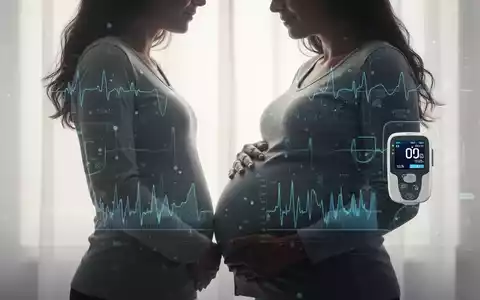 Eine schwangere Frau mit Typ-1-Diabetes, die ihren Bauch berührt, mit einer subtilen digitalen Anzeige von Gesundheitsdaten. - Foto: über boerse-global.de