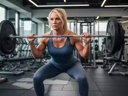 Lindsey Vonn beim Krafttraining in einem modernen Fitnessstudio, konzentriert bei Kniebeugen mit einer Langhantel. - Foto: über boerse-global.de