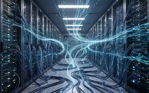 Schlanker Serverraum mit leuchtend blauen Datenströmen, die Microsofts interne KI-Modelle und Datenverarbeitungseffizienz symbolisieren. - Foto: über boerse-global.de