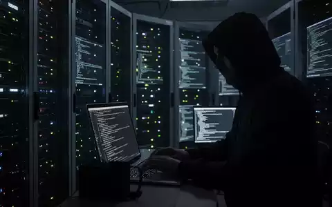 Eine dunkle Gestalt hackt in einem Serverraum, umgeben von leuchtenden Server-Racks, die Datendiebstahl symbolisieren. - Foto: über boerse-global.de