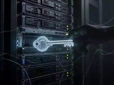 Eine leuchtende digitale Taste wird von einer schattenhaften, abstrakten Hand aus einem Server-Rack gezogen, was einen Sicherheitsverstoß symbolisiert. - Foto: über boerse-global.de