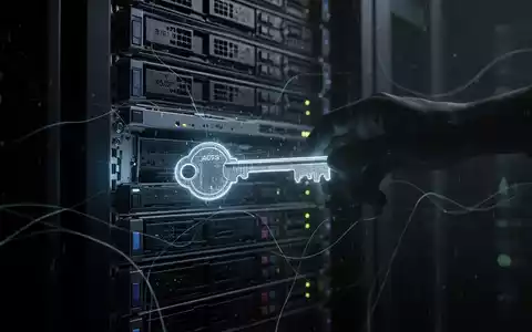 Eine leuchtende digitale Taste wird von einer schattenhaften, abstrakten Hand aus einem Server-Rack gezogen, was einen Sicherheitsverstoß symbolisiert. - Foto: über boerse-global.de