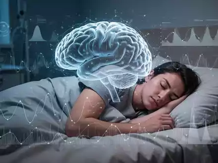 Eine Person schläft in einem Bett, überlagert von einer stilisierten Gehirngrafik mit subtilen Datenvisualisierungen. - Foto: über boerse-global.de