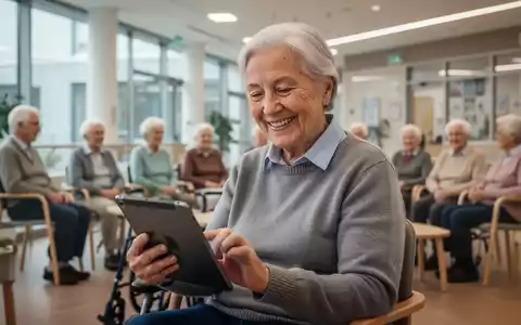 Eine lächelnde ältere Person benutzt selbstbewusst ein Tablet in einem modernen Gemeindezentrum mit anderen Senioren im Hintergrund. - Foto: über boerse-global.de