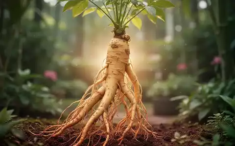 Nahaufnahme einer Ginsengwurzel mit einem sanften, ätherischen Leuchten und einem unscharfen botanischen Garten im Hintergrund. - Foto: über boerse-global.de