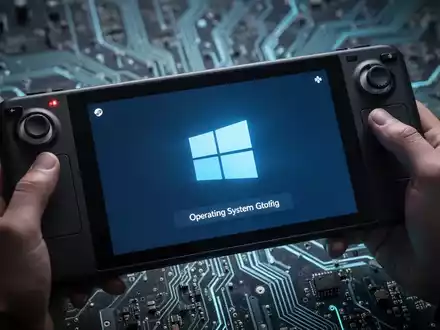 Moderner Gaming-Handheld mit Windows-Logo auf dem Bildschirm, unscharfer Hintergrund einer Leiterplatte. - Foto: über boerse-global.de