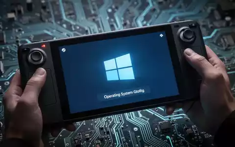Moderner Gaming-Handheld mit Windows-Logo auf dem Bildschirm, unscharfer Hintergrund einer Leiterplatte. - Foto: über boerse-global.de