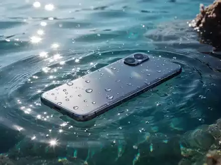 Ein modernes Smartphone, teilweise in klarem blauen Meerwasser versunken, mit Sonnenlicht, das durch das Wasser bricht, und sanften Wellen auf der Oberfläche. - Foto: über boerse-global.de