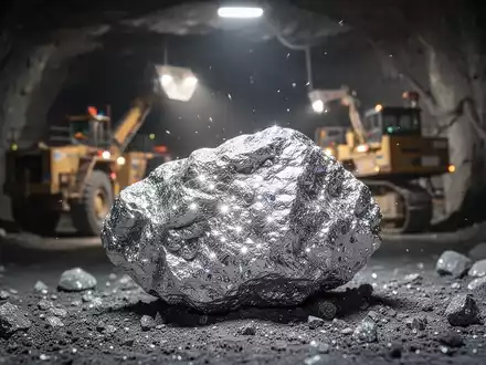 Nahaufnahme eines silbernen Erzgesteins mit unscharfem Hintergrund von Bergbauausrüstung in einer Mine. - Foto: über boerse-global.de