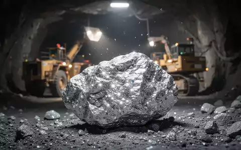 Nahaufnahme eines silbernen Erzgesteins mit unscharfem Hintergrund von Bergbauausrüstung in einer Mine. - Foto: über boerse-global.de
