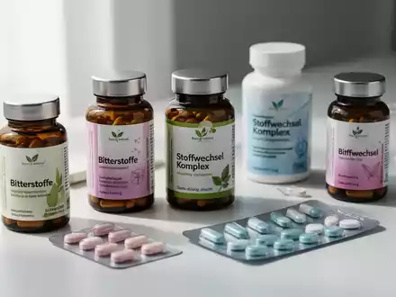 Eine Anordnung von Nahrungsergänzungsmitteln, darunter Flaschen mit Bitterstoffen und Stoffwechselkomplexen, sowie eine Blisterpackung mit Tabletten. - Foto: über boerse-global.de
