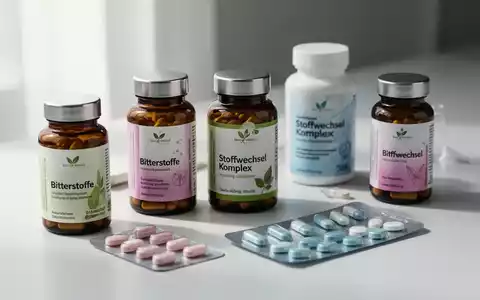 Eine Anordnung von Nahrungsergänzungsmitteln, darunter Flaschen mit Bitterstoffen und Stoffwechselkomplexen, sowie eine Blisterpackung mit Tabletten. - Foto: über boerse-global.de