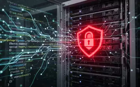 Digitaler Code mit rotem Warnsymbol über einem Serverrack, das ein Sicherheitsrisiko in KI-Coding-Software darstellt. - Foto: über boerse-global.de